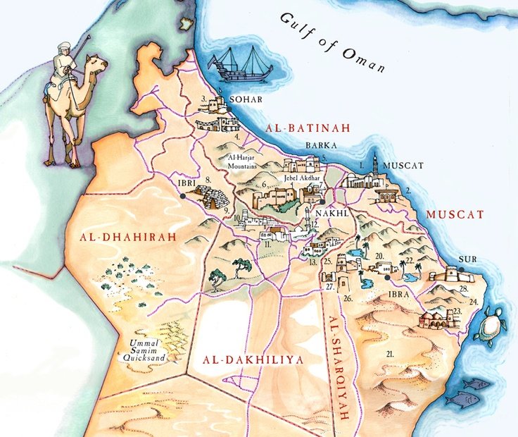 Try Oman: Muscat, Sur, Nizwa, Wahiba Desert and Salalah map